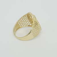 14KT Gold Ring Men's Oval Malverde White CZ Stones Border with Diamond Shape Gallery Cutouts on Side of Band
