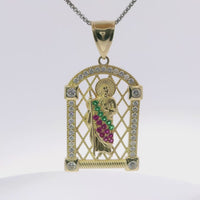 14KT Gold Charm Large White CZ Stones Archway St Jude with Red and Green Round CZ Stones Robe and Plain Bell