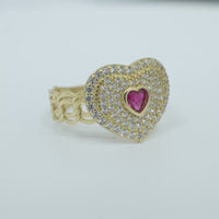 14KT Gold Ring Women's Heart Shape Red Center CZ Stone with White CZ Stone Background and Border Chino Link Band