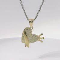 14KT Gold Charm Medium White CZ Stones Heart with Plain Crown, Sash and Bell