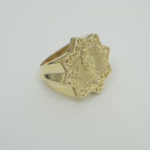 14KT Gold Ring Men's St. Jude Star of David Chino Borders with White CZ Border and Edge