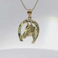 14KT Gold Charm Large Diamond Cut Horsehead Center with Horseshoe Border and Plain Bell