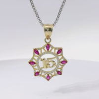 14KT Gold Charm Large Quinceanera "15" Open Webbed Wreath with Dark Pink and White Round CZ Stones Border with Plain Bell