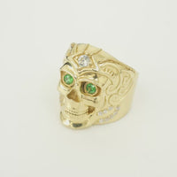 14KT Gold Ring Men's Skull with Viking Helmet White Round CZ Stone on Forehead / Jaw and Round CZ Stone Eyes