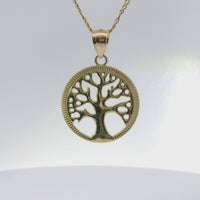 14KT Gold Charm Medium Open Round Tree of Life with Currency Edge Border and Plain Bell