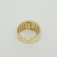 14KT Gold Ring Men's Raised Triple Row Square Plain Border Edge Open Book White CZ Stone Band Design