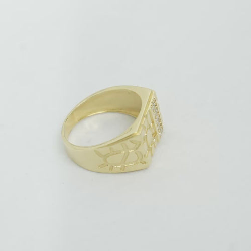 14KT Gold Ring Men's Rectangle Nugget with Five White CZ Stones in a Line with Plain Border