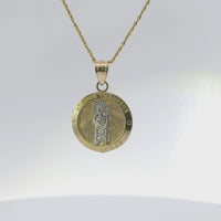 14KT Gold Charm Small Two Tone St Jude Coin with "PRAY FOR US" Border and Plain Bell