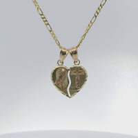 14KT Gold Charm Small Two Tone "Te Amo" Broken Heart with Right Jesus Crucifix and Left Virgin Mary Diamond Cut Border and Double Plain Bell