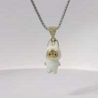 14KT Gold Charm Small 3D White Enamel LaBuBu Body and White CZ Stones Bell