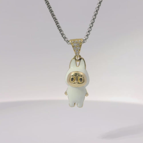 14KT Gold Charm Small 3D White Enamel LaBuBu Body and White CZ Stones Bell