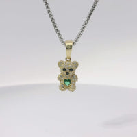 14KT Gold Charm Extra Small White CZ Stones Teddy Bear with Dark Green Heart Belly and Plain Bell