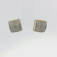 14KT Gold Earring Small Two Tone Curved Square White CZ Stones Cluster with Push Back Post and Butterfly Backs