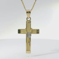 14KT Gold Charm Medium Two Tone Rosary Bead Cross with Plain Band