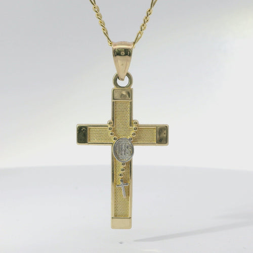 14KT Gold Charm Medium Two Tone Rosary Bead Cross with Plain Band