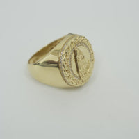 14KT Gold Ring Men's Round Caridad Cobre Coin with White CZ Stones Border and Chino Link Frame with Single Row of White CZ Stones Sides