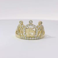14KT Gold Ring Women's Quincenaera "15" Tiara Crown with Three Pillow Puffs White CZ Stone Outline with Plain Split Band