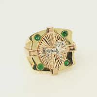 14KT Gold Ring Men's Square Tri Tone Raised Oval Full Horse with Sunray Background and Corner Design One Green CZ Stone Band Design Double Row White CZ Stone Interlocking Top/Side Cross