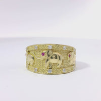 14KT Gold Ring Women's Closed Split Band with Three Pink Eye Elephants White CZ Stones Band Border