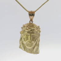 14KT Gold Charm Large Diamond Cut Slant Bottom Jesus Head Front Portrait with Plain Bell