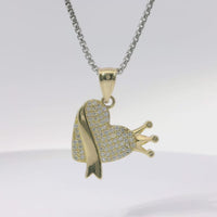 14KT Gold Charm Small White CZ Stones Heart with Plain Crown, Sash and Bell