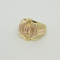 14KT Gold Ring Men's Square Two Tone Horse Head Round Center with Horseshoe Frame and White CZ Stones Border White CZ Stone on Each Corner and U-Shaped White CZ Stones Band Border