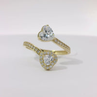 14KT Gold Ring Women's Double Heart White CZ Stone Bypass Band