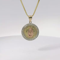 14KT Gold Charm Medium Round Two Tone Virgin Mary Quinceanera "15 Anos" Coin with White CZ Stones Border and Plain Bell