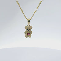 14KT Gold Charm Extra Small White CZ Stones Teddy Bear with Red Heart Belly and Plain Bell