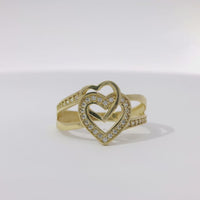 14KT Gold Ring Women's Interlocking Hearts Plain and CZ Stone Hearts and Split Band