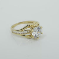 14KT Gold Ring Women's White Round 6 Prong Center CZ with White Baguette CZ Band and Plain Lips Border