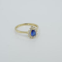 14KT Gold Ring Women's Flower Pear Navy Blue Center Stone with White CZ Stone Petals Border Plain Band
