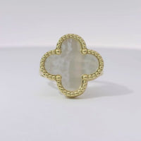 14KT Gold Ring Women's Jumbo Pearl Color Clover with Beaded Border and Plain Split Band