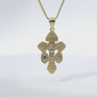 14KT Gold Charm Small Two Tone Crucifix Cross with Virgin Mary and St Benedict Sides Cross with Plain Bell