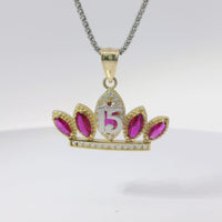 14KT Gold Charm Jumbo Two Tone Quincenaera "15" Center Dark Pink Marquise Crown with White CZ Round Stones Band and Plain Bell