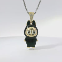 14KT Gold Charm Large 3D Black Enamel LaBuBu Body, White Enamel Eyes, and White CZ Stones Bell