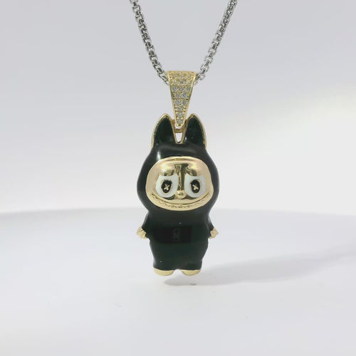 14KT Gold Charm Large 3D Black Enamel LaBuBu Body, White Enamel Eyes, and White CZ Stones Bell