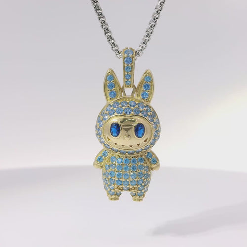 14KT Gold Charm Medium 3D Flat Back LaBuBu Navy Blue Oval CZ Stones Eyes, Light Blue CZ Stones Body and Bell