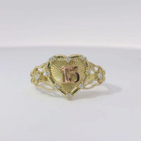 14KT Gold Ring Women's Quinceanera "15" Two Tone Sunray Heart Center White CZ Stone Border and Open Rose Vine Band