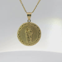 14KT Gold Charm Large Round St Jude Coin with Nugget Border and Plain Bell