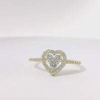 14KT Gold Ring Women's Three White Round Center CZ Stones Center Open Heart Outline Border White CZ Stones Band