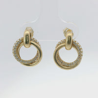 14KT Gold Earrings Medium Round Two Strand Open Center Dangling Interlocking White CZ Stones Rings with Plain Bar, Push Back Post, and Butterfly Backs