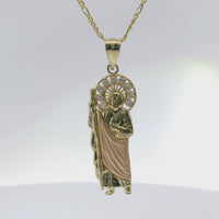 14KT Gold Charm Small Two Tone St Jude Left Facing with White CZ Stones Sunray Halo and Plain Bell