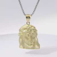 14KT Gold Charm Large Right Facing Jesus Head with Thorn Crown and Plain Bell