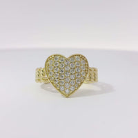 14KT Gold Ring Women's Cluster Curved White CZ Stones Heart Center with Plain Borders and Chino Link Band