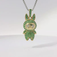 14KT Gold Charm Medium 3D Flat Back LaBuBu White Oval CZ Stones Eyes, Green CZ Stones Body and Bell