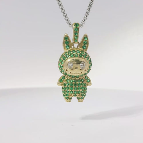 14KT Gold Charm Medium 3D Flat Back LaBuBu White Oval CZ Stones Eyes, Green CZ Stones Body and Bell