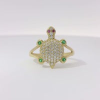 14KT Women's Gold Ring Mini White CZ Stone Turtle Shell with Red CZ Eyes and Green Feet Plain Border Plain Split Band