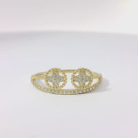 14KT Gold Ring Women's Light Weight Split Double White CZ Stones Clovers Center with Beaded Border and Split White CZ Stones Band