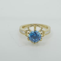 14KT Gold Ring Women's Round Aqua Blue CZ Center Stone Open Flower Heart Petals with White CZ Baguette Stone Band